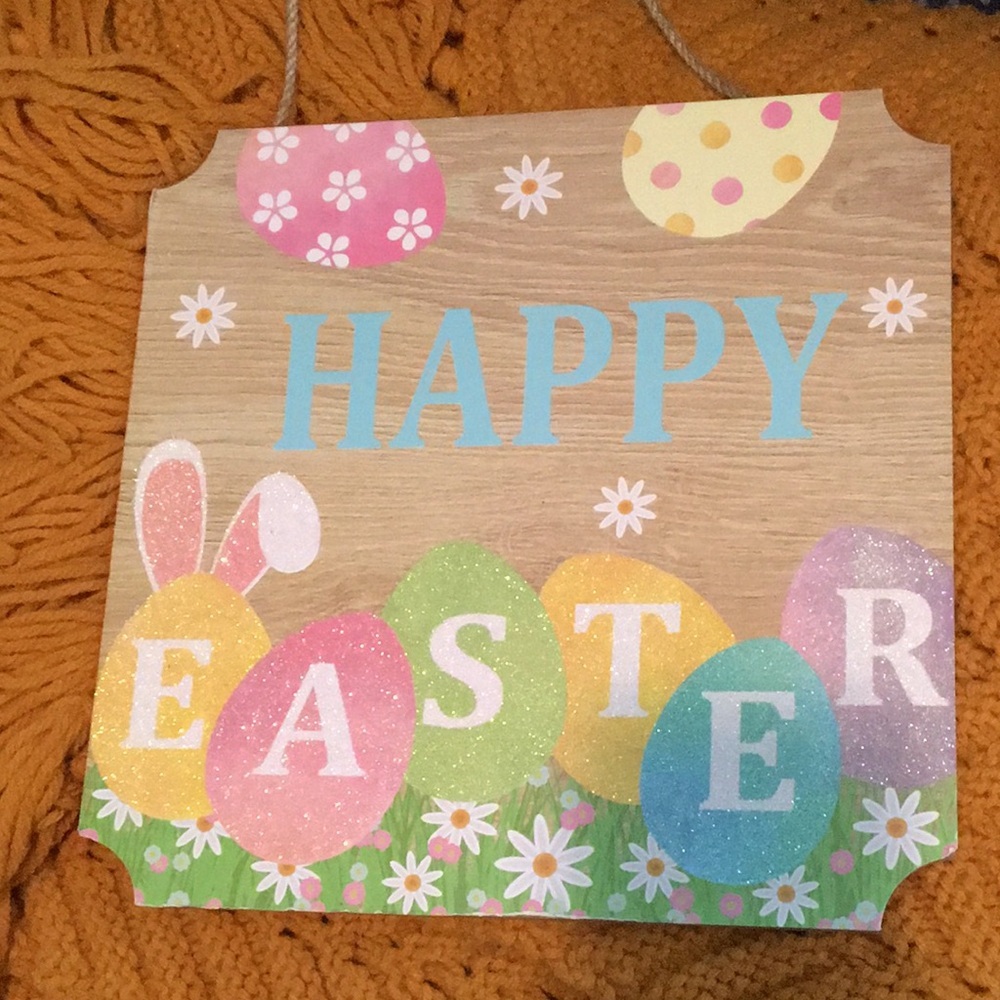 Easter Celebration Wooden Sign with Colorful Eggs and Bunny Ears